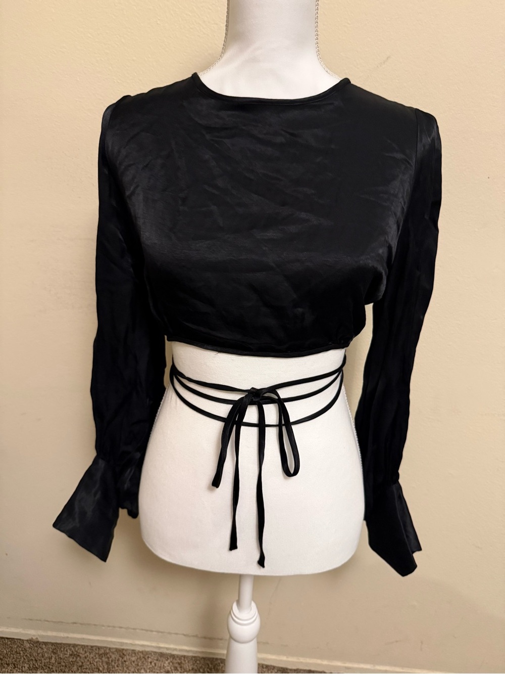ZARA Black Long-Sleeve Satin Crop Top with Waist Tie